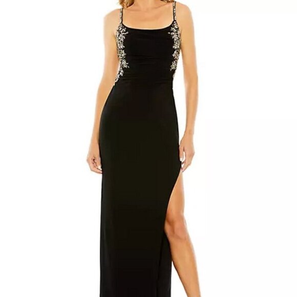 Mac Duggal Black Beaded Open Back Column Gown Side Slit Gown